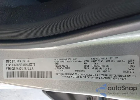 2021 Ram 1500 Laramie 4X4 5'7 Box from USA, damaged, VIN 1C6SRFJT4MN820379